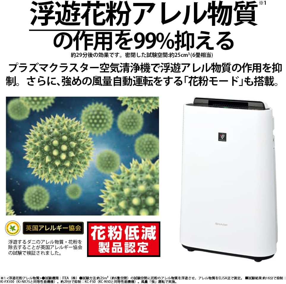 シャープ 加湿 空気清浄機 プラズマクラスター 7000 空気清浄 23畳 ホワイト KC-N50-W
